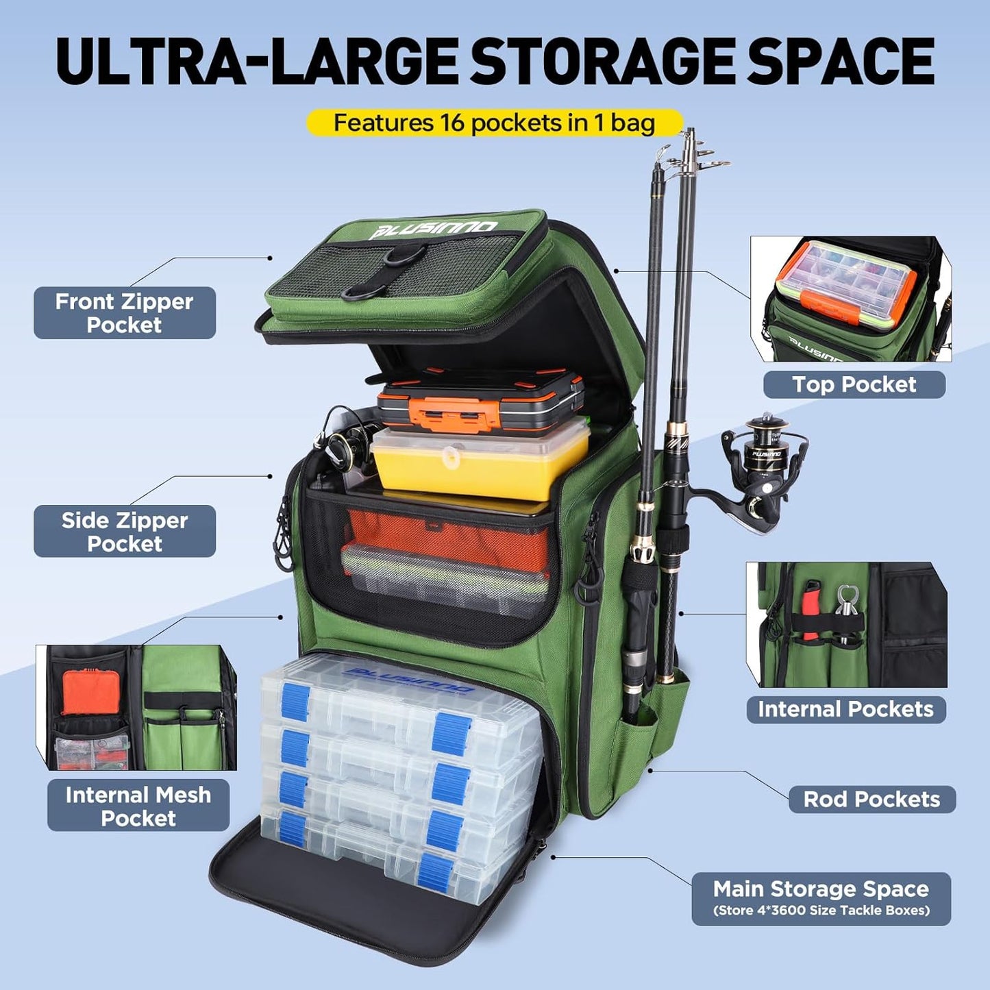PLUSINNO 42L Pro-Series Tackle Backpack with 4 Trays