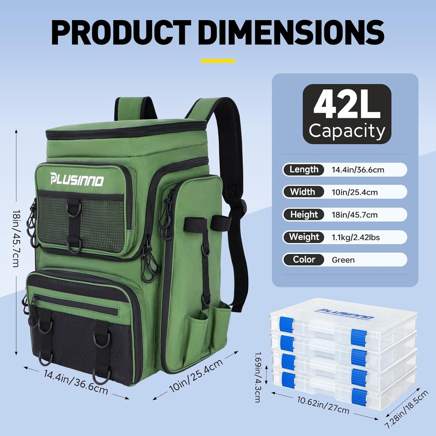PLUSINNO 42L Pro-Series Tackle Backpack with 4 Trays