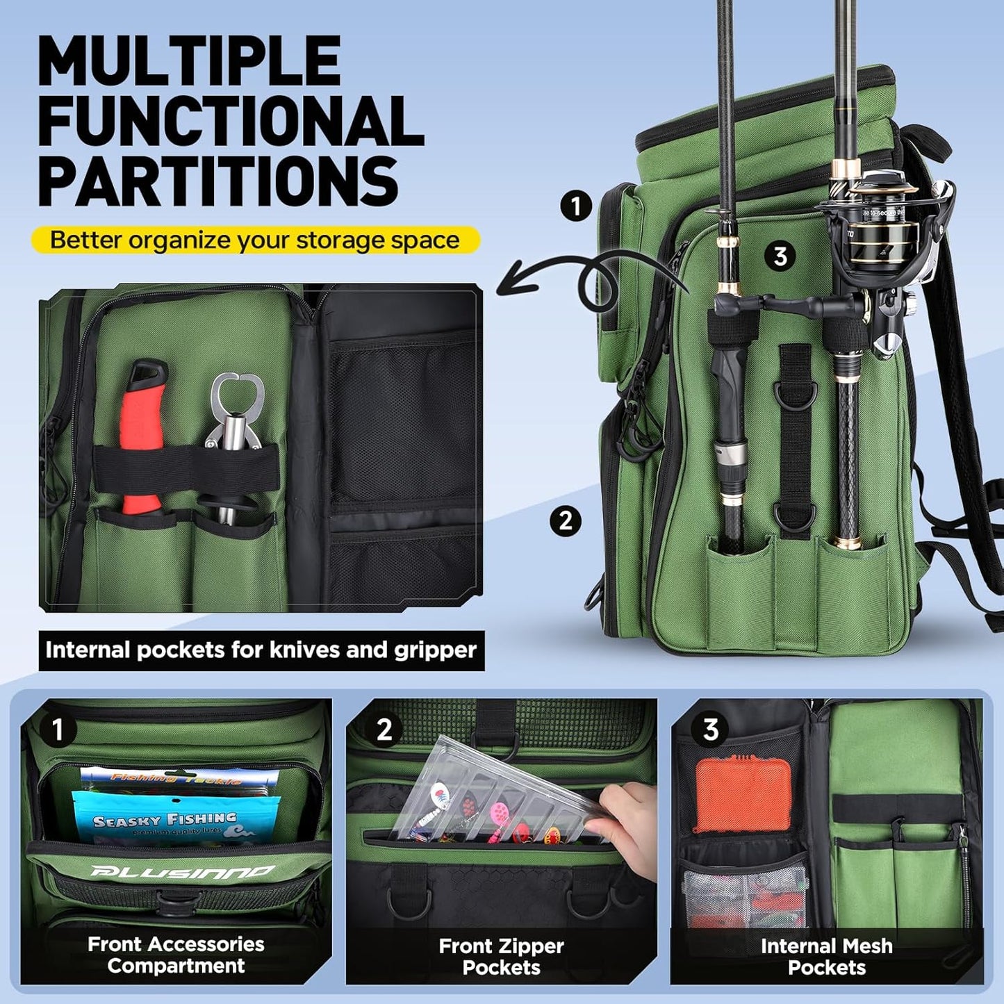 PLUSINNO 42L Pro-Series Tackle Backpack with 4 Trays